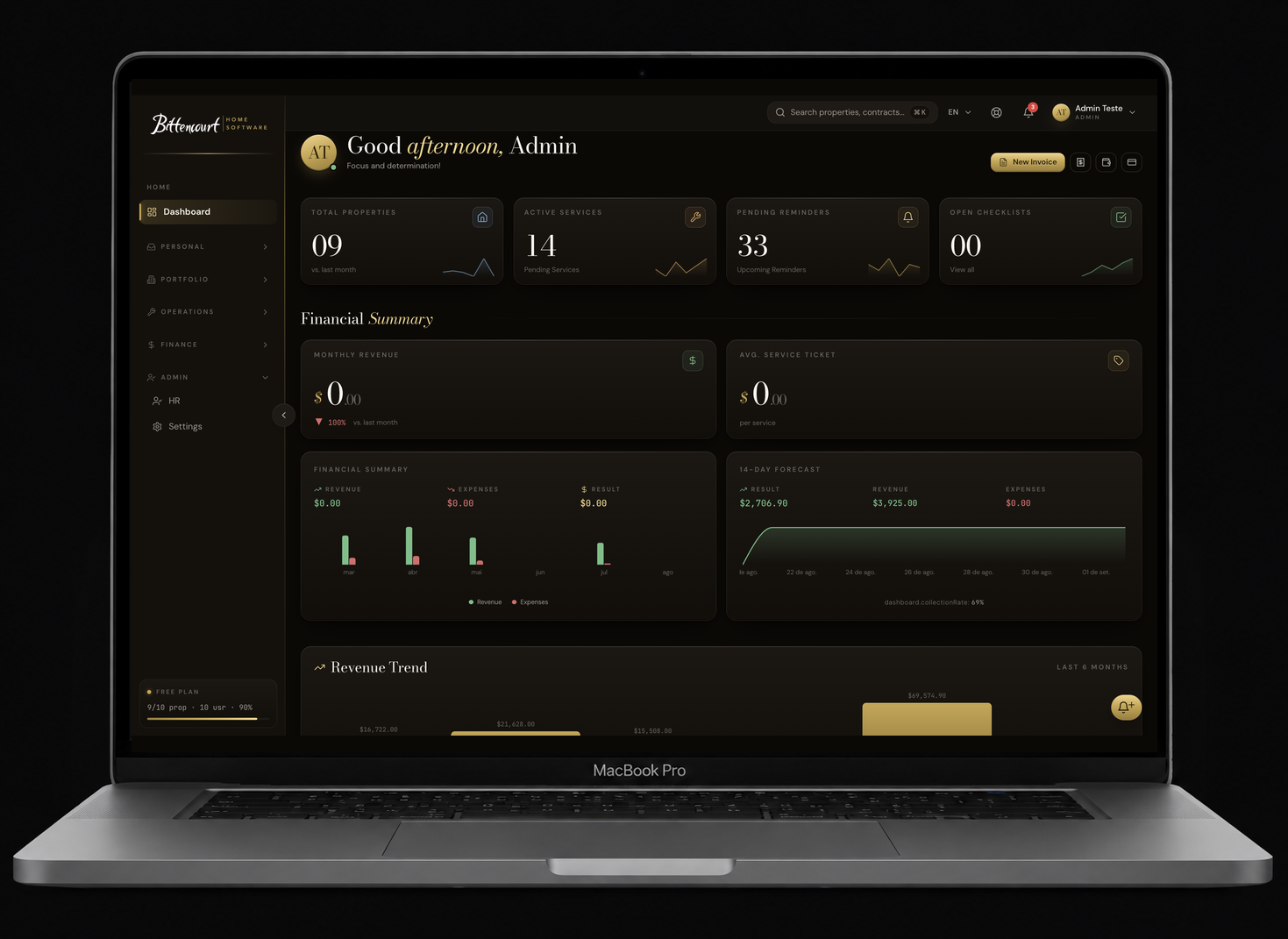 MacBook Pro displaying the BHS dashboard with total properties, active services, pending reminders, open checklists, financial summary and revenue trend